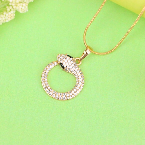"Rose Gold Snake Circle Pendant with Sparkling CZ and Black Eyes, XPPT1529 - Picture 3 of 13
